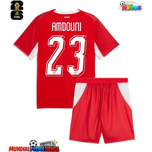 Camiseta Suiza Zeki Amdouni #23 Primera Equipación Replica Mundial 2026 para niños mangas cortas (+ Pantalones cortos)
